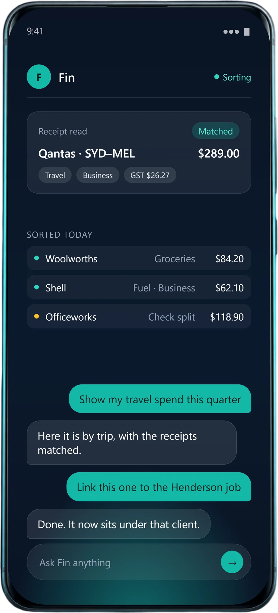 A phone showing a conversation with Fin: a receipt read and matched, and a travel-spend question answered