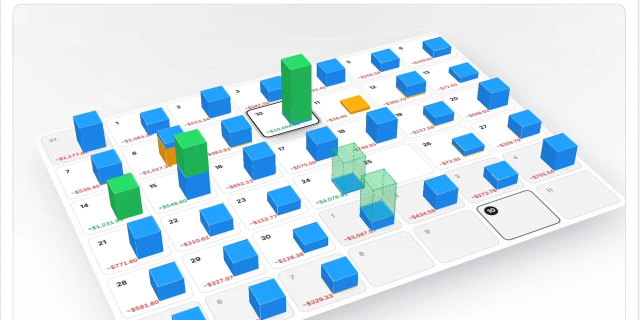 The 3D transaction calendar: a month grid with income, bills and spending standing as columns on each day